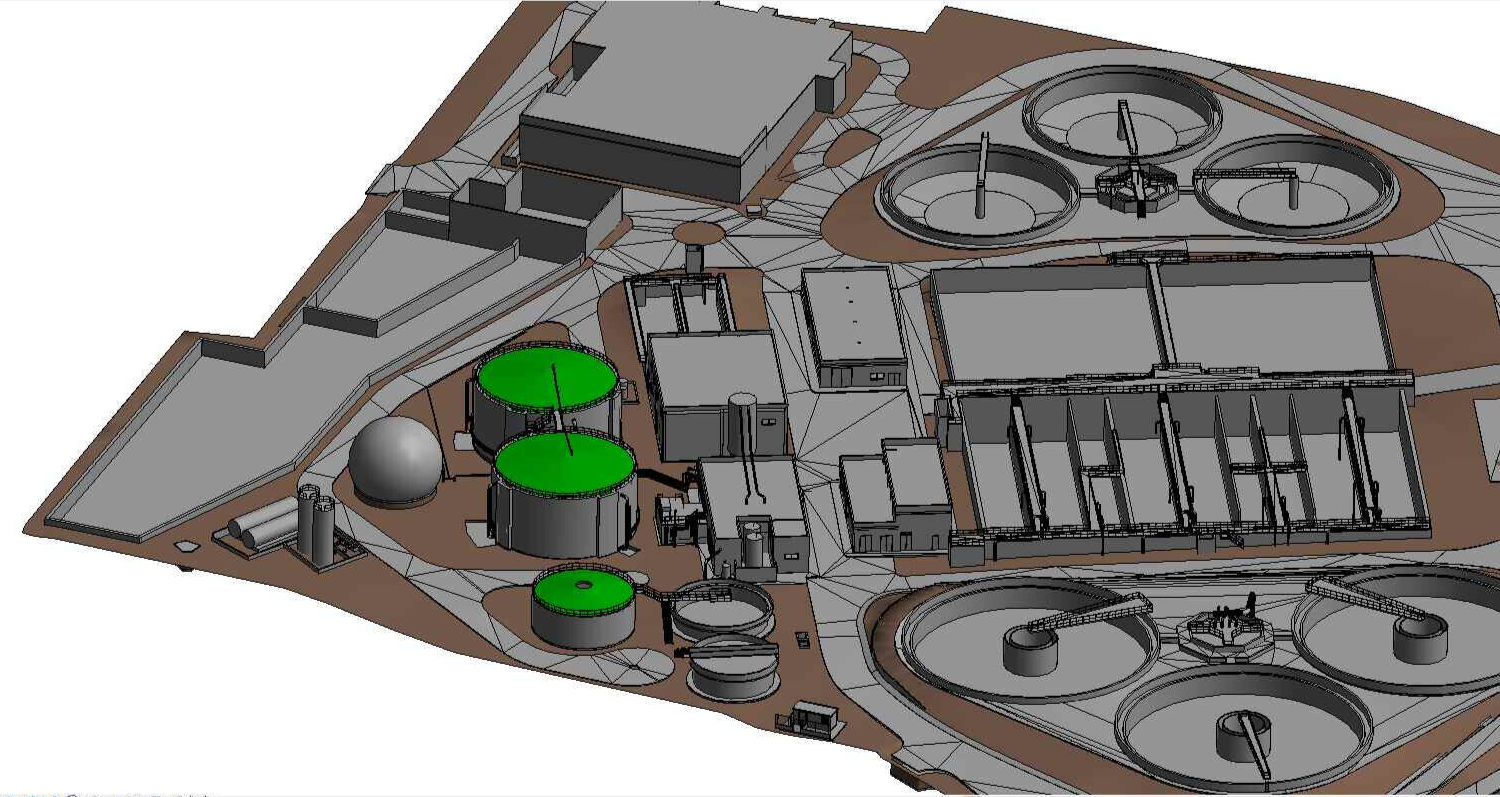 Modelo BIM general de la EDAR en Revit con tanques, edificios y viales