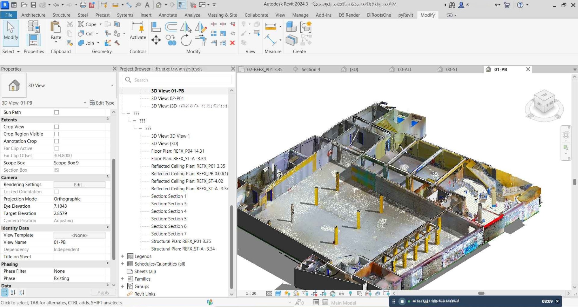 Modelo BIM levantado sobre la nube de puntos en Revit